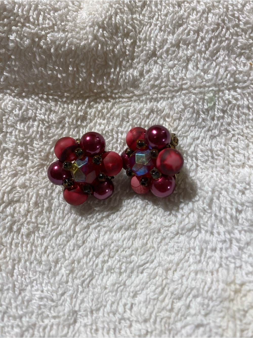 Vintage-Inspired Pink Cluster Bead Clip Earrings (RR)